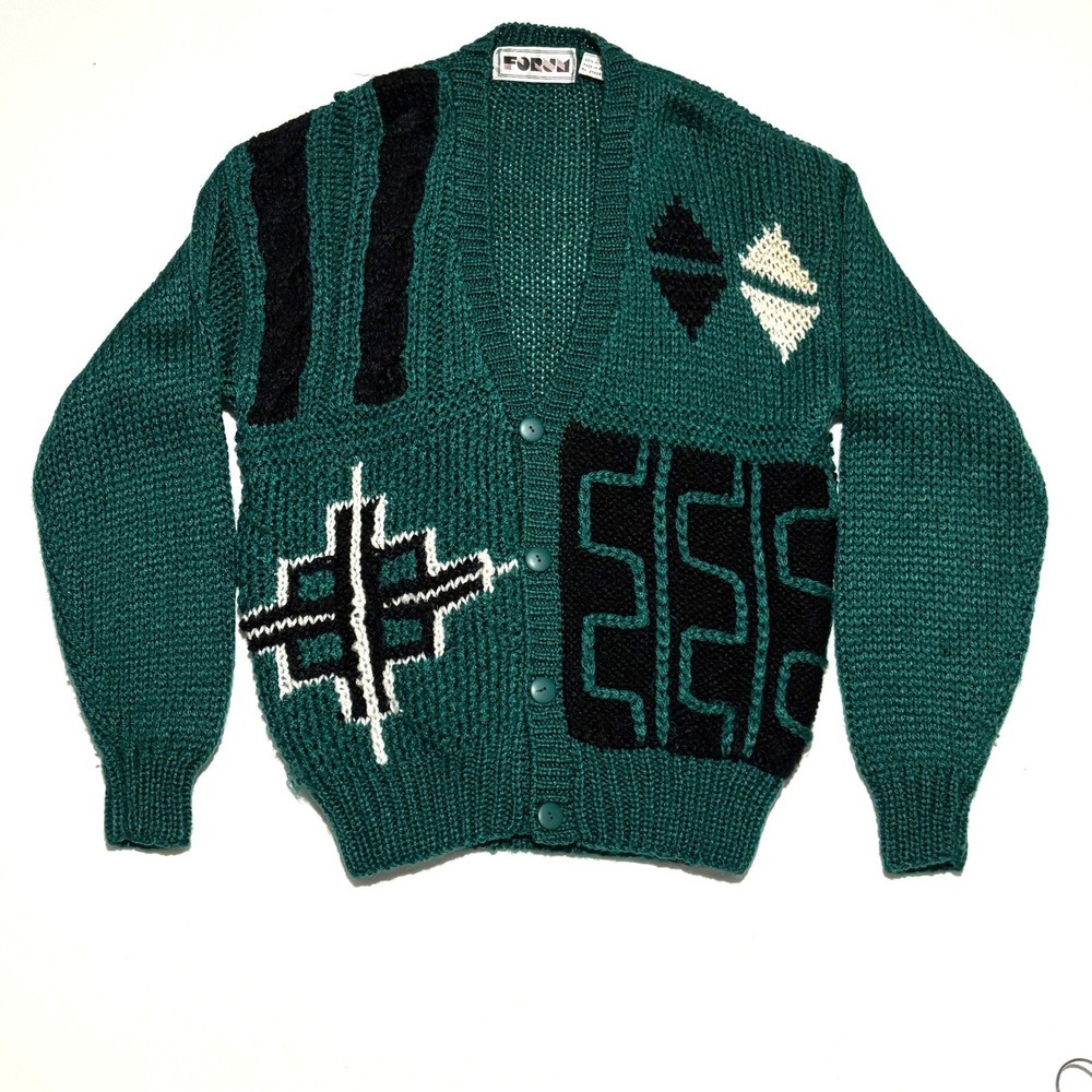 Vintage 80's Forum Geometric Cardigan Sweater Mens L Green Chunky Knit Excellent